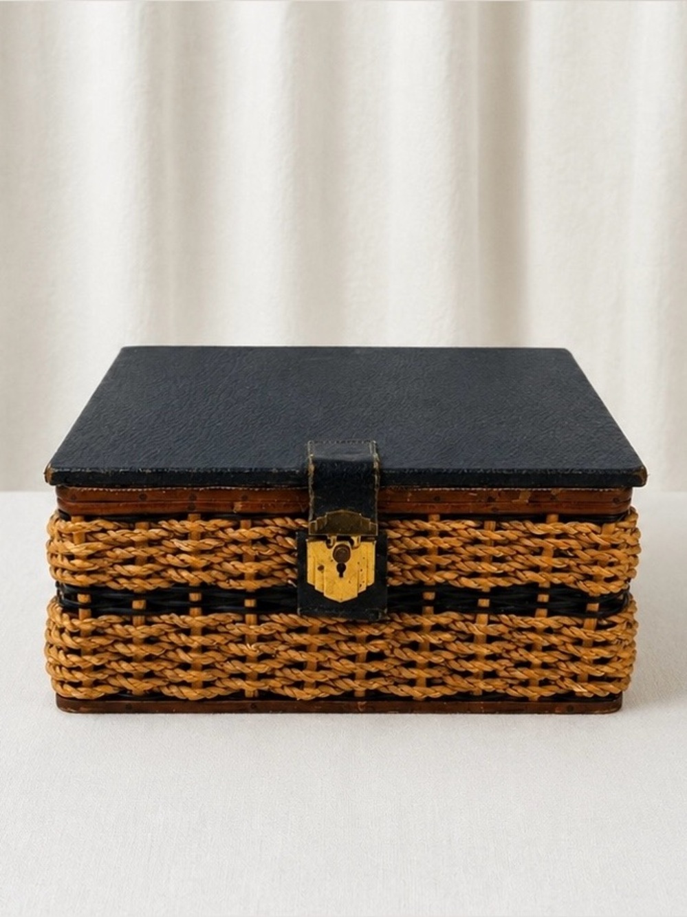Vintage 1970s Wicker Jewelry Box Locking Keepsake Chest Blue Satin Lined Storage